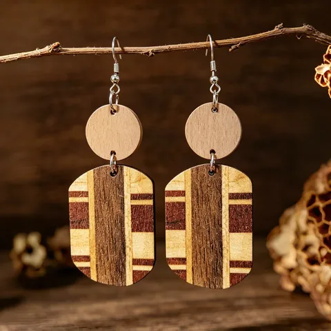 Bohemian Vintage Ξύλινα Σκουλαρίκια Γεωμετρικά Πολύχρωμα Ριγέ Ξύλινα Σκουλαρίκια Patchwork Με Ανοξείδωτο Ατσάλι για Γυναίκες