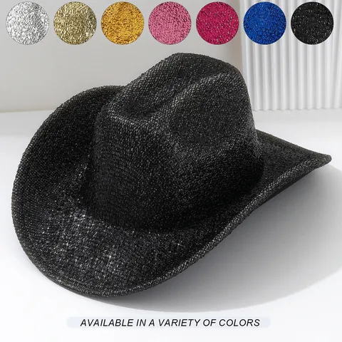 Metallic Y2K Western Cowboy Hat For Women Men Glitter Brushed Party Festival Fedora Jazz Hat Solid Color Polyester Wide Brim Hat