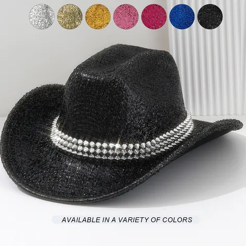 Rock Stil Western Cowboy Hut Mit Metallnieten Y2K Hip Hop Party Pailletten Hut Für Herren Damen Unisex Accessoire