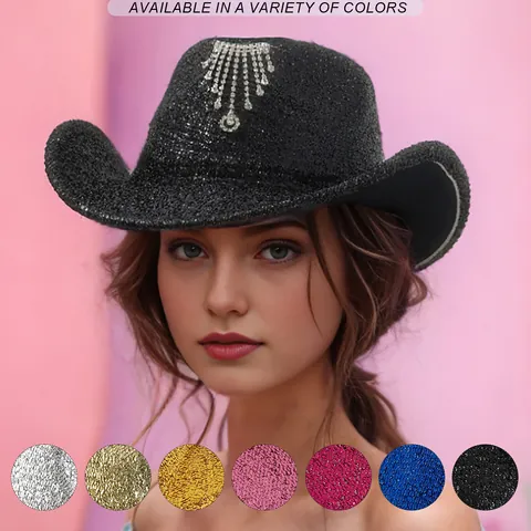 Luxury Sequin Cowboy Hat For Women Men Retro Rhinestone Heart Fringe Bridal Wedding Party Fedora Stage Performance Glitter Western Hat