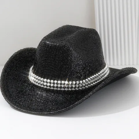 Rock Stil Western Cowboy Hut Mit Metallnieten Y2K Hip Hop Party Pailletten Hut Für Herren Damen Unisex Accessoire