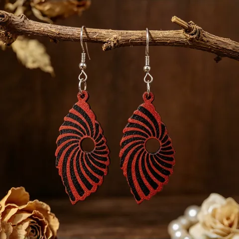 Orecchini a Goccia in Legno Vintage a Forma di Foglia per Donna Motivo a Strisce a Spirale Rosso Nero Orecchini in Legno