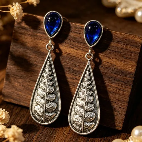 Pendientes Colgantes Vintage Gota de Agua Hoja de Helecho Azul Planta Bosque Aleación Strass Poste Acero Inoxidable
