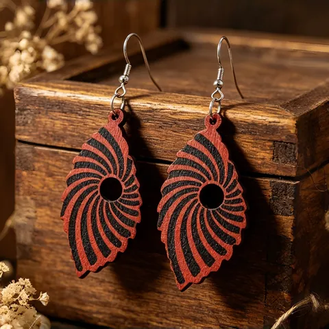Orecchini a Goccia in Legno Vintage a Forma di Foglia per Donna Motivo a Strisce a Spirale Rosso Nero Orecchini in Legno