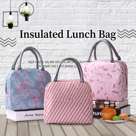 Insulated Lunch Bag Portable Oxford Cloth Thermal Bento Bag With Front Pocket Flamingo Unicorn Printed Lunch Pouch For School Office Picnic Women Kids