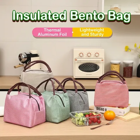 Striped Portable Thermal Insulation Lunch Bag Oxford Cloth Aluminum Foil Waterproof Bento Carry Tote For School Work Picnic