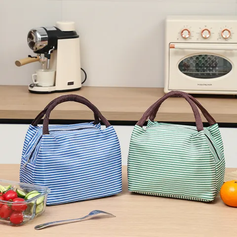 Striped Portable Thermal Insulation Lunch Bag Oxford Cloth Aluminum Foil Waterproof Bento Carry Tote For School Work Picnic