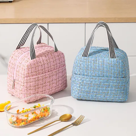 Tragbare Tweed Isolierte Lunchtasche Für Damen Büro Schule Gestreifter Griff Thermokühltasche Bento Tasche Für Picknick Essen Aufbewahrung