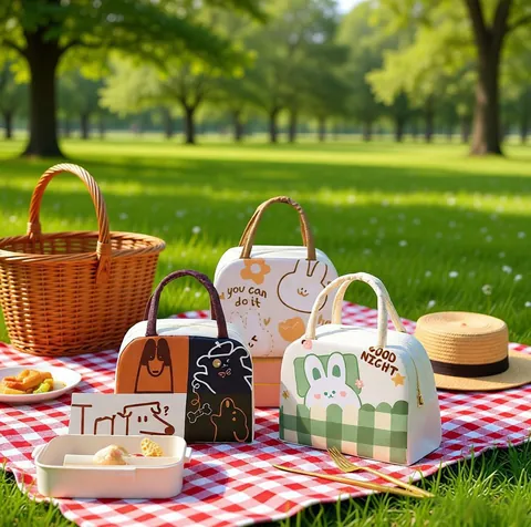 Sac à Déjeuner Isotherme Portable Animaux en Tissu Oxford Feuille d'Aluminium Pochette Thermique Bento pour Bureau École Pique-Nique Sac à Main