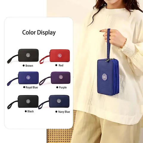 Bolso para Teléfono Móvil de Tres Capas con Cremallera para Mujer Cartera de Mano de 7 Pulgadas Tela de Poliéster Monedero de Mano Multifuncional