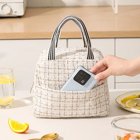 Tragbare Tweed Isolierte Lunchtasche Für Damen Büro Schule Gestreifter Griff Thermokühltasche Bento Tasche Für Picknick Essen Aufbewahrung