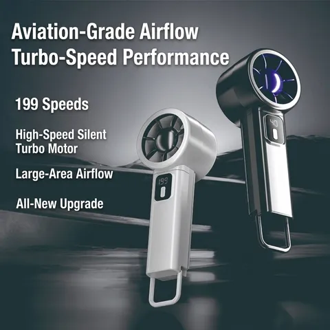 Handheld Turbo High Speed Fan Smart LED Digital Display USB Rechargeable Mini Desk Fan With Carabiner Hook Portable Outdoor Cooling Fan