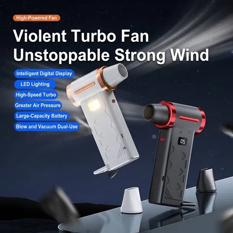 Portable Turbo Jet Fan High Speed Brushless Motor 6 Speed Adjust LED Light Emergency Window Breaker Digital Display Handheld Fan