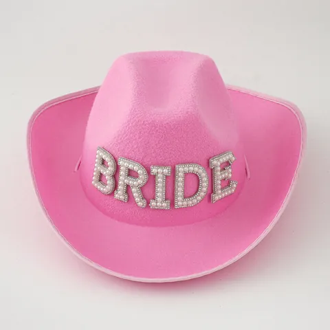 Damen Barbie Pink Braut Cowboyhut Perle Strass Western Hochzeit Party Hut Retro Polyester Filz Textur Cowboyhut