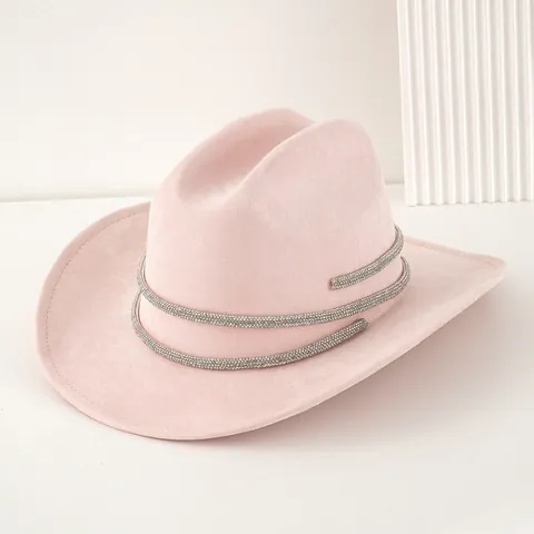 Damen Eleganter Rosa Polyester Cowboyhut Mit Strassband Fedora Westernhut Für Festival Party Hochzeitsfeier Mode Hut