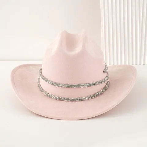 Damen Eleganter Rosa Polyester Cowboyhut Mit Strassband Fedora Westernhut Für Festival Party Hochzeitsfeier Mode Hut