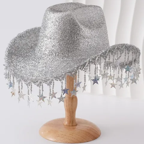 Glitter Star Tassel Western Cowboy Hat Sparkling Sequin Party Stage Performance Hat For Women Men Festival Rave Accessories
