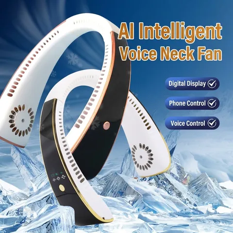 2024 New AI Voice Neck Fan Bladeless USB Rechargeable Wearable Fan Hands Free Cooling Fan With LCD Display For Outdoor Sports Travel
