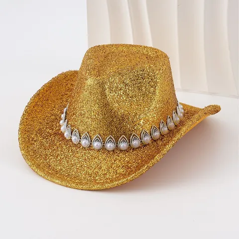 Sombrero de Vaquero Western Unisex Poliéster Brillante Banda de Perla Artificial Strass Fedora Accesorios de Fiesta