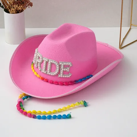 Rosa Western Cowboyhut Mit Bride Strass Buchstaben Künstlicher Perlenschmuck Regenbogen Perlenschnur Mode Party Damen Hut