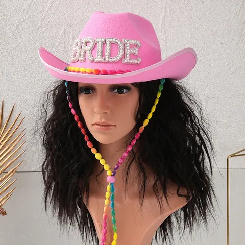Rosa Western Cowboyhut Mit Bride Strass Buchstaben Künstlicher Perlenschmuck Regenbogen Perlenschnur Mode Party Damen Hut