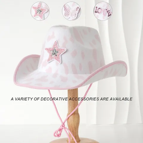 Damen Rosa Weiß Kuhmuster Western Cowboyhut Pailletten Stern Schmetterling LOVE Muster Festival Party Musik Event Dekorativer Sonnenhut