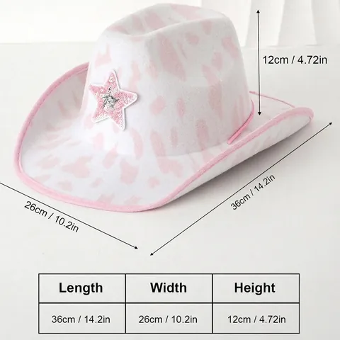Damen Rosa Weiß Kuhmuster Western Cowboyhut Pailletten Stern Schmetterling LOVE Muster Festival Party Musik Event Dekorativer Sonnenhut