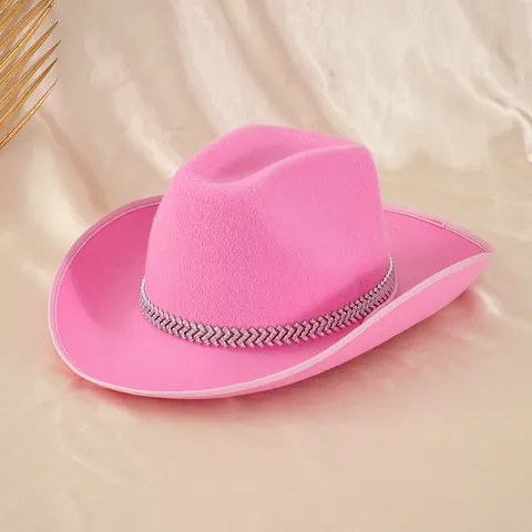 Women's Pink Cowboy Hat Bohemian Rhinestone Fishbone Belt Fedora Hat For Concert Party Music Festival Polyester Hat