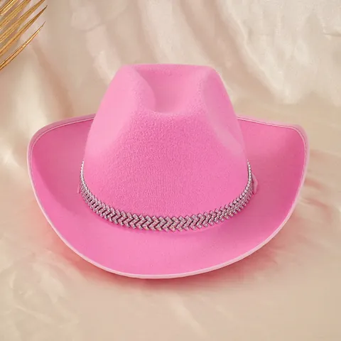 Women's Pink Cowboy Hat Bohemian Rhinestone Fishbone Belt Fedora Hat For Concert Party Music Festival Polyester Hat