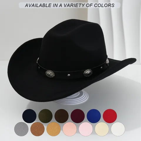 Western Cowboy Hat Unisex Wide Brim Polyester Fedora Hat With Flower Studs PU Leather Belt Fashion Party Jazz Hat