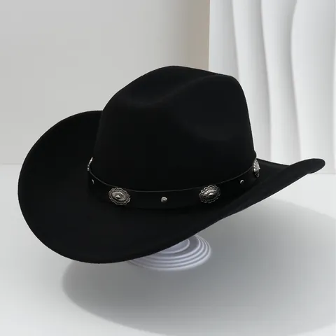 Western Cowboy Hat Unisex Wide Brim Polyester Fedora Hat With Flower Studs PU Leather Belt Fashion Party Jazz Hat