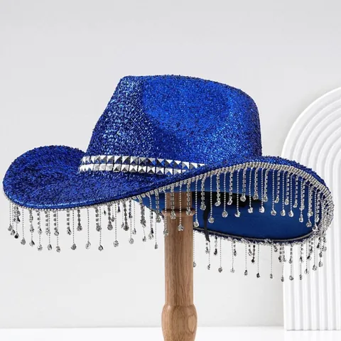 Y2K Retro Pailletten Jazz Cowboyhut Für Damen Herren Strass Quasten Breite Krempe Fedora Funkelnd Disco Party Hut