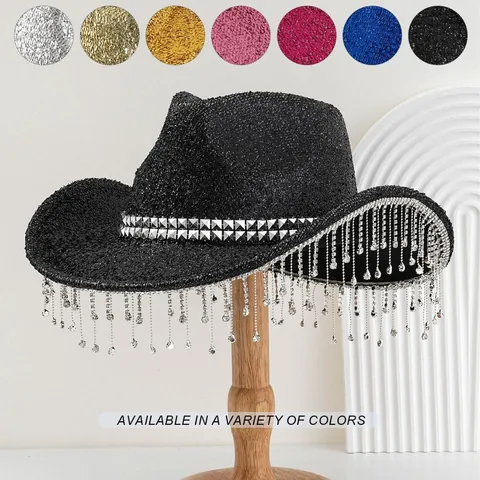 Y2K Retro Pailletten Jazz Cowboyhut Für Damen Herren Strass Quasten Breite Krempe Fedora Funkelnd Disco Party Hut