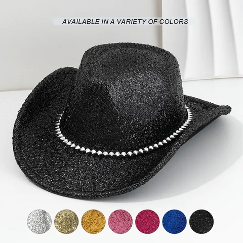 Unisex Elegant Glitter Western Cowboy Hat With Metal Rivets Rhinestones Polyester Wide Brim Fedora Hat For Wedding Party Travel