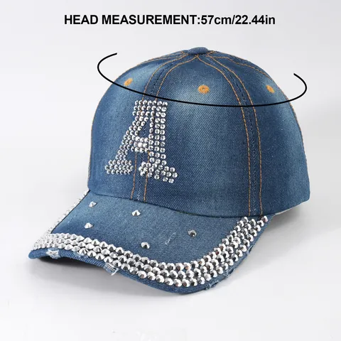 Σκούρο Μπλε Denim Καπέλο Μπέιζμπολ Με Στρας Γράμμα Α Trendy Hip Hop Street Style Υφαντό Ρυθμιζόμενο Καπέλο για Γυναίκες Άνδρες