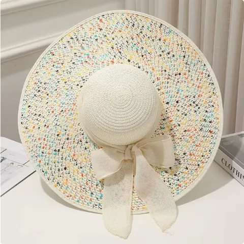 Chapeau de Paille Solaire en Polyester à Large Bord pour Femmes Avec Nœud à Pois Colorés Protection Solaire Été Plage Vacances Extérieur
