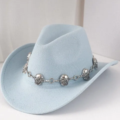 Chapeau de Cowboy Vintage Punk Rock Homme Femme Chapeau Fedora en Feutre de Polyester Avec Ceinture Chaîne en Métal Crâne Party