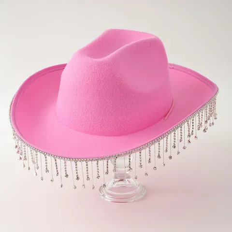 Western Cowboy Hat With Long Rhinestone Tassels For Women Pink White Black Wide Brim Fedora Hat For Party Wedding Music Festival