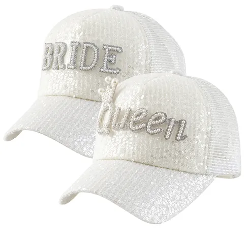 Berretto da Baseball con Paillettes Bianche da Donna Perle Strass Queen Bride Lettering Mesh Back Trucker Hat Fashion Party Vacation Sun Hat