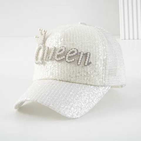 Berretto da Baseball con Paillettes Bianche da Donna Perle Strass Queen Bride Lettering Mesh Back Trucker Hat Fashion Party Vacation Sun Hat