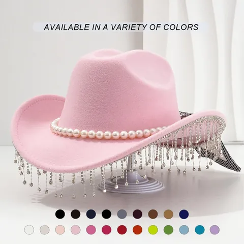 Women Polyester Fedora Hat With Artificial Pearl And Rhinestone Tassel British Retro Cowboy Party Sun Hat