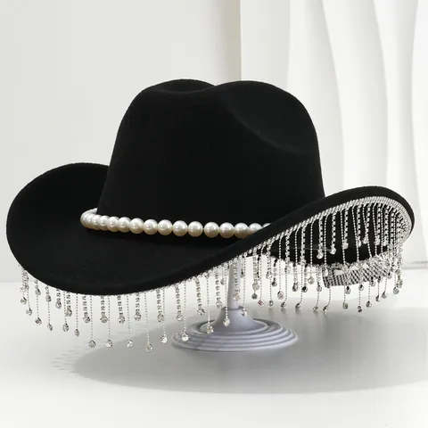 Women Polyester Fedora Hat With Artificial Pearl And Rhinestone Tassel British Retro Cowboy Party Sun Hat