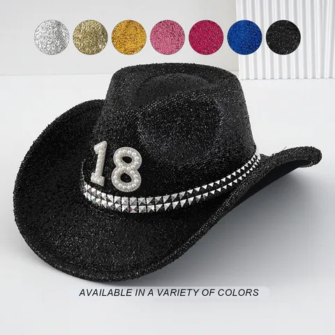 Glitzernder Pailletten Westlicher Cowboyhut Mit Perlen Nummer 18 Nietenbesatz Musikfestival Jazz Fedora Für Geburtstag Party Unisex Hut