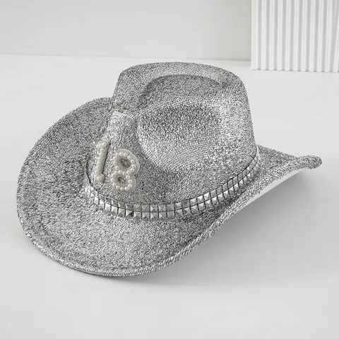 Glitzernder Pailletten Westlicher Cowboyhut Mit Perlen Nummer 18 Nietenbesatz Musikfestival Jazz Fedora Für Geburtstag Party Unisex Hut