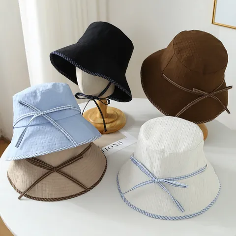 Chapeau Bob Femme Couleur Unie Réversible Large Bords Nœud Été Extérieur Protection Solaire Mode Décontracté Pêcheur
