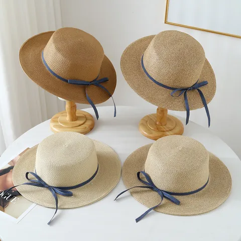 Women High Quality Raffia Straw Hat Summer Wide Brim Sun Hat Bowtie Ribbon Flat Top Beach Sunshade Fisherman Straw Hat