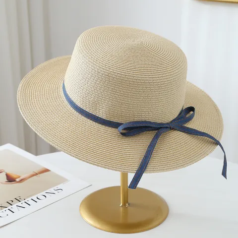 Women High Quality Raffia Straw Hat Summer Wide Brim Sun Hat Bowtie Ribbon Flat Top Beach Sunshade Fisherman Straw Hat