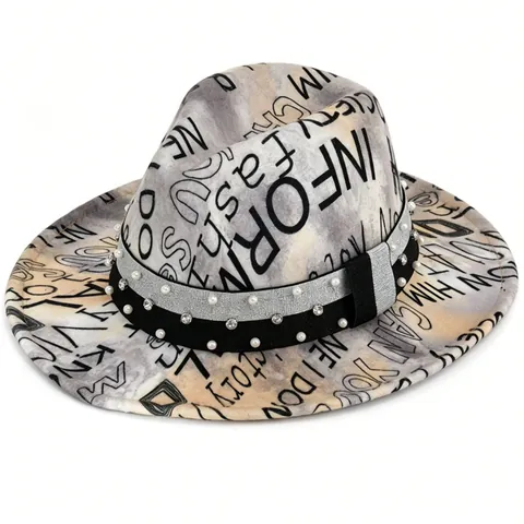 Unisex Letter Graffiti Fedora Hat Color Block Flat Brim Cowboy Hat With Rhinestone Artificial Pearl Band Party Jazz Hat