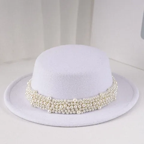 Chapeau Canotier Élégant Français Rétro Britannique à Toit Plat pour Femme Chapeau en Feutre de Laine avec Perles Artificielles pour Banquet Fête Automne Hiver