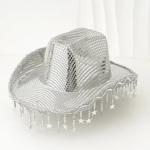 Silver Sequin Western Cowboy Hat With Star Tassel Fringe Disco Party Stage Props Wide Brim Jazz Fedora For Women Men